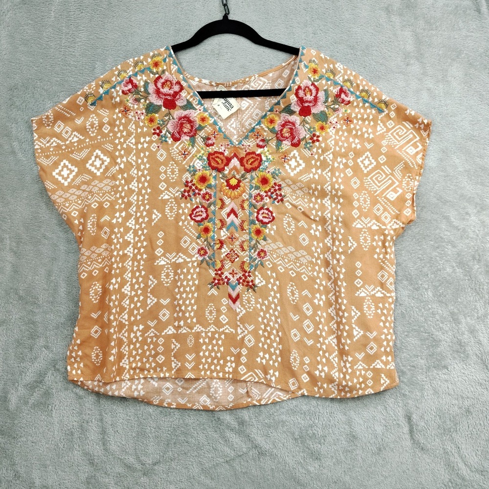 SAVANNA‎ JANE Top Womens M Collarless Embroidered Western Aztec Blouse Boxy Boho